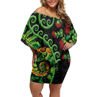 New Zealand Koru Plants and Pohutukawa Family Matching Off Shoulder Short Dress and Hawaiian Shirt Maori Tattoo Pattern