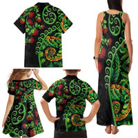 New Zealand Koru Plants and Pohutukawa Family Matching Tank Maxi Dress and Hawaiian Shirt Maori Tattoo Pattern LT03 - Polynesian Pride