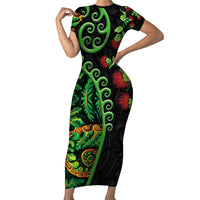 New Zealand Koru Plants and Pohutukawa Short Sleeve Bodycon Dress Maori Tattoo Pattern LT03 Long Dress Black - Polynesian Pride