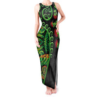New Zealand Koru Plants and Pohutukawa Tank Maxi Dress Maori Tattoo Pattern LT03 Women Black - Polynesian Pride