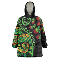 New Zealand Koru Plants and Pohutukawa Wearable Blanket Hoodie Maori Tattoo Pattern LT03 One Size Black - Polynesian Pride