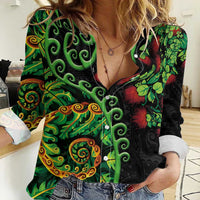 New Zealand Koru Plants and Pohutukawa Women Casual Shirt Maori Tattoo Pattern LT03 Female Black - Polynesian Pride