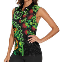 New Zealand Koru Plants and Pohutukawa Women Sleeveless Polo Shirt Maori Tattoo Pattern