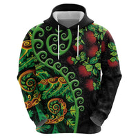 New Zealand Koru Plants and Pohutukawa Zip Hoodie Maori Tattoo Pattern