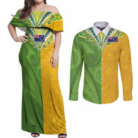 Cook Islands Language Week Couples Matching Off Shoulder Maxi Dress and Long Sleeve Button Shirt Tatau Pattern and Rarotongan Alphabet - Polynesian Pride