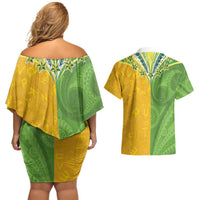 Cook Islands Language Week Couples Matching Off Shoulder Short Dress and Hawaiian Shirt Tatau Pattern and Rarotongan Alphabet - Polynesian Pride