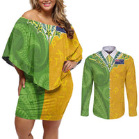 Cook Islands Language Week Couples Matching Off Shoulder Short Dress and Long Sleeve Button Shirt Tatau Pattern and Rarotongan Alphabet - Polynesian Pride