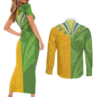 Cook Islands Language Week Couples Matching Short Sleeve Bodycon Dress and Long Sleeve Button Shirt Tatau Pattern and Rarotongan Alphabet - Polynesian Pride