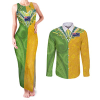 Cook Islands Language Week Couples Matching Tank Maxi Dress and Long Sleeve Button Shirt Tatau Pattern and Rarotongan Alphabet LT03 Green - Polynesian Pride