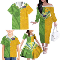 Cook Islands Language Week Family Matching Off The Shoulder Long Sleeve Dress and Hawaiian Shirt Tatau Pattern and Rarotongan Alphabet - Polynesian Pride