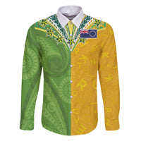Cook Islands Language Week Family Matching Puletasi and Hawaiian Shirt Tatau Pattern and Rarotongan Alphabet LT03 Dad's Shirt - Long Sleeve Green - Polynesian Pride