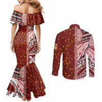 Tonga Language Week Couples Matching Mermaid Dress and Long Sleeve Button Shirt Ngatu Pattern and Tongan Alphabet - Polynesian Pride