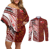 Tonga Language Week Couples Matching Off Shoulder Short Dress and Long Sleeve Button Shirt Ngatu Pattern and Tongan Alphabet - Polynesian Pride
