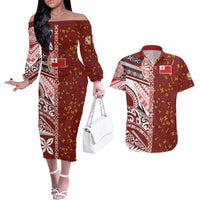 Tonga Language Week Couples Matching Off The Shoulder Long Sleeve Dress and Hawaiian Shirt Ngatu Pattern and Tongan Alphabet - Polynesian Pride
