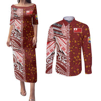 Tonga Language Week Couples Matching Puletasi and Long Sleeve Button Shirt Ngatu Pattern and Tongan Alphabet - Polynesian Pride