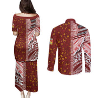 Tonga Language Week Couples Matching Puletasi and Long Sleeve Button Shirt Ngatu Pattern and Tongan Alphabet - Polynesian Pride
