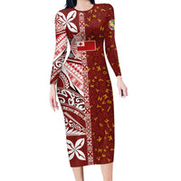 Tonga Language Week Long Sleeve Bodycon Dress Ngatu Pattern and Tongan Alphabet LT03 Long Dress Red - Polynesian Pride