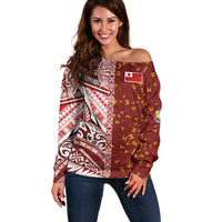 Tonga Language Week Off Shoulder Sweater Ngatu Pattern and Tongan Alphabet - Polynesian Pride
