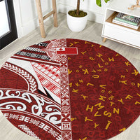 Tonga Language Week Round Carpet Ngatu Pattern and Tongan Alphabet LT03 Red - Polynesian Pride