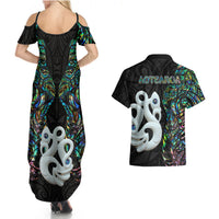 New Zealand Couples Matching Summer Maxi Dress and Hawaiian Shirt Silver Fern and Manaia with Papua Shell Maori Tribal LT03 - Polynesian Pride