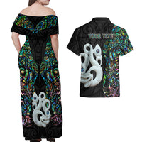Custom New Zealand Couples Matching Off Shoulder Maxi Dress and Hawaiian Shirt Silver Fern and Manaia with Papua Shell Maori Tribal LT03 - Polynesian Pride