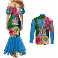 Personalised Malampa Fiji Day Couples Matching Mermaid Dress and Long Sleeve Button Shirts Tropical Plants Mix Polynesian and Tapa Pattern LT03 - Polynesian Pride