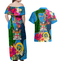 Personalised Malampa Fiji Day Couples Matching Off Shoulder Maxi Dress and Hawaiian Shirt Tropical Plants Mix Polynesian and Tapa Pattern LT03 - Polynesian Pride