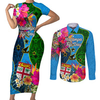 Personalised Malampa Fiji Day Couples Matching Short Sleeve Bodycon Dress and Long Sleeve Button Shirts Tropical Plants Mix Polynesian and Tapa Pattern LT03 Blue - Polynesian Pride