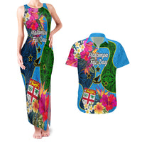 Personalised Malampa Fiji Day Couples Matching Tank Maxi Dress and Hawaiian Shirt Tropical Plants Mix Polynesian and Tapa Pattern LT03 Blue - Polynesian Pride