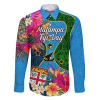 Personalised Malampa Fiji Day Family Matching Off Shoulder Long Sleeve Dress and Hawaiian Shirt Tropical Plants Mix Polynesian and Tapa Pattern LT03 Dad's Shirt - Long Sleeve Blue - Polynesian Pride