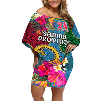 Sanma Day Off Shoulder Short Dress Proud To Be A Ni-Van Beauty Pacific Flower LT03 Women Blue - Polynesian Pride