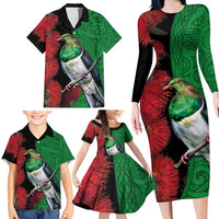 New Zealand Kereru And Pohutukawa Family Matching Long Sleeve Bodycon Dress and Hawaiian Shirt Maori Tribal Tattoo