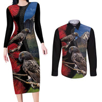 New Zealand Kea And Pohutukawa Couples Matching Long Sleeve Bodycon Dress and Long Sleeve Button Shirt With The Mountain Landscape