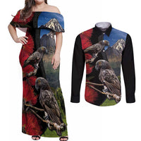 New Zealand Kea And Pohutukawa Couples Matching Off Shoulder Maxi Dress and Long Sleeve Button Shirt With The Mountain Landscape