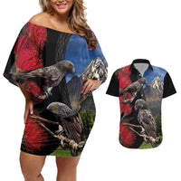 New Zealand Kea And Pohutukawa Couples Matching Off Shoulder Short Dress and Hawaiian Shirt With The Mountain Landscape