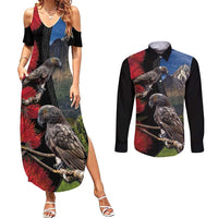 New Zealand Kea And Pohutukawa Couples Matching Summer Maxi Dress and Long Sleeve Button Shirt With The Mountain Landscape