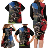 New Zealand Kea And Pohutukawa Family Matching Long Sleeve Bodycon Dress and Hawaiian Shirt With The Mountain Landscape