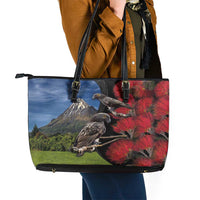 New Zealand Kea And Pohutukawa Leather Tote Bag With The Mountain Landscape LT03 - Polynesian Pride