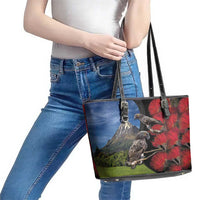New Zealand Kea And Pohutukawa Leather Tote Bag With The Mountain Landscape LT03 - Polynesian Pride
