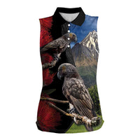 New Zealand Kea And Pohutukawa Women Sleeveless Polo Shirt With The Mountain Landscape LT03 Female Black - Polynesian Pride