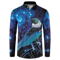 New Zealand Tui Bird Button Sweatshirt The Pleiades Star Cluster and Koru Tribal Tattoo Galaxy Vibe LT03 Blue - Polynesian Pride