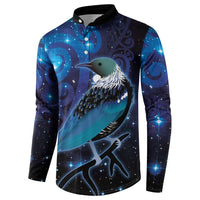 New Zealand Tui Bird Button Sweatshirt The Pleiades Star Cluster and Koru Tribal Tattoo Galaxy Vibe LT03 - Polynesian Pride