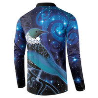 New Zealand Tui Bird Button Sweatshirt The Pleiades Star Cluster and Koru Tribal Tattoo Galaxy Vibe LT03 - Polynesian Pride