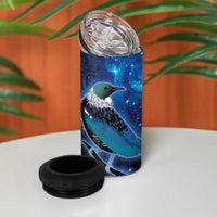 New Zealand Tui Bird 4 in 1 Can Cooler Tumbler The Pleiades Star Cluster and Koru Tribal Tattoo Galaxy Vibe