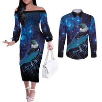 New Zealand Tui Bird Couples Matching Off The Shoulder Long Sleeve Dress and Long Sleeve Button Shirt The Pleiades Star Cluster and Koru Tribal Tattoo Galaxy Vibe