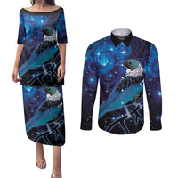 New Zealand Tui Bird Couples Matching Puletasi and Long Sleeve Button Shirt The Pleiades Star Cluster and Koru Tribal Tattoo Galaxy Vibe