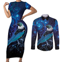 New Zealand Tui Bird Couples Matching Short Sleeve Bodycon Dress and Long Sleeve Button Shirt The Pleiades Star Cluster and Koru Tribal Tattoo Galaxy Vibe