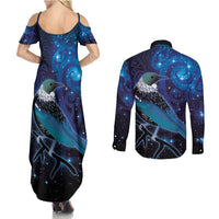 New Zealand Tui Bird Couples Matching Summer Maxi Dress and Long Sleeve Button Shirt The Pleiades Star Cluster and Koru Tribal Tattoo Galaxy Vibe