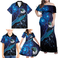 New Zealand Tui Bird Family Matching Off Shoulder Maxi Dress and Hawaiian Shirt The Pleiades Star Cluster and Koru Tribal Tattoo Galaxy Vibe