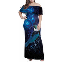 New Zealand Tui Bird Family Matching Off Shoulder Maxi Dress and Hawaiian Shirt The Pleiades Star Cluster and Koru Tribal Tattoo Galaxy Vibe